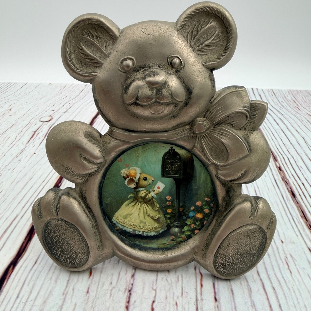 Vintage Teddy Bear Picture Frame Art‎ Decoupage Mouse Pewter Tone USA Made